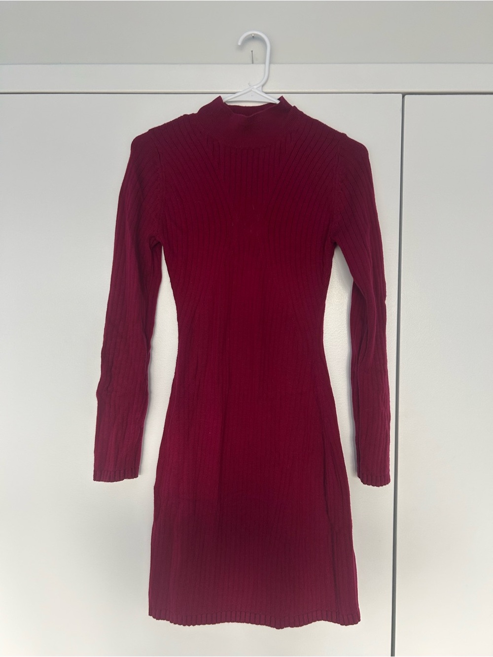 & Other Stories Ribbed Long-Sleeve Mock Neck Dress in Burgundy